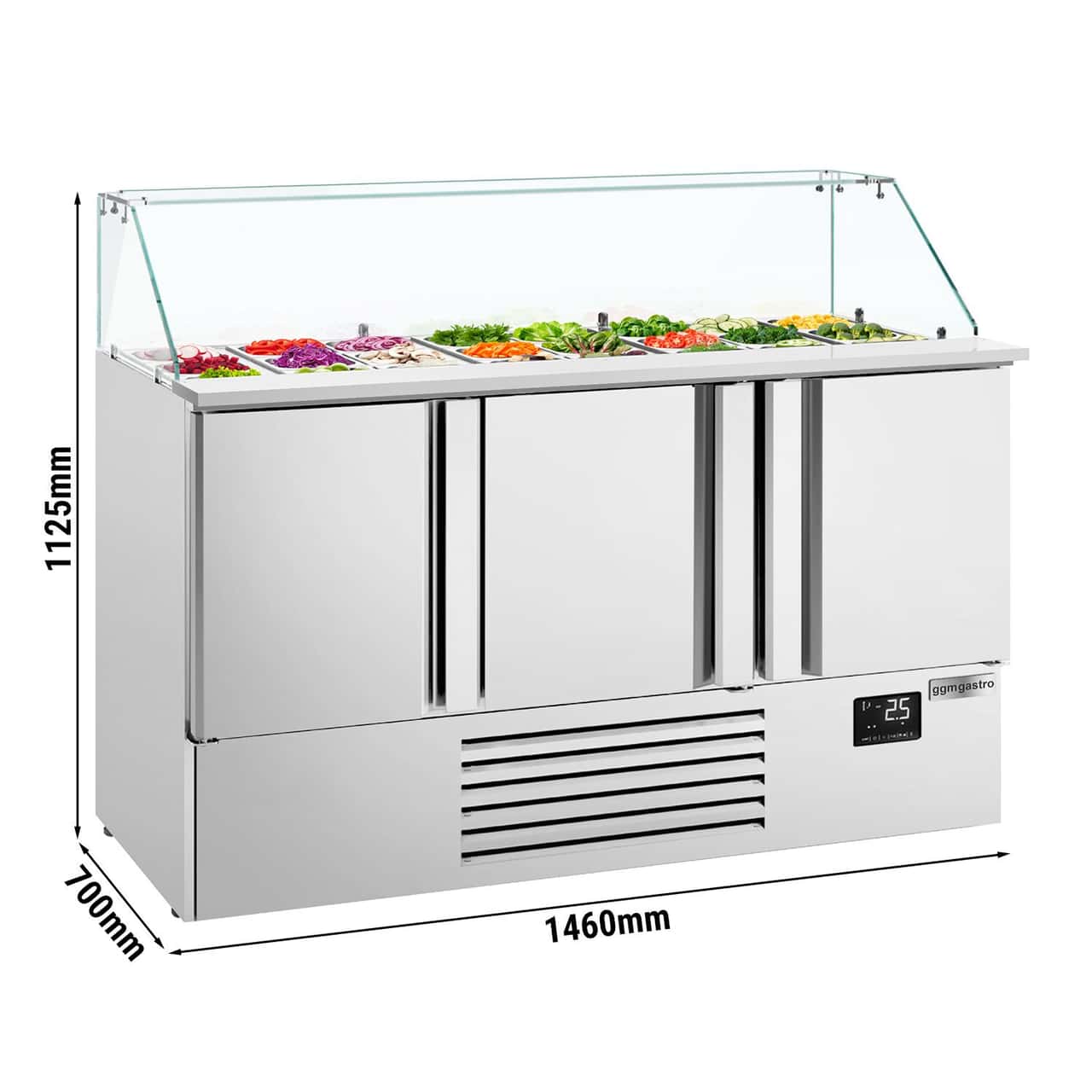 Saladette Premium PLUS - 1460mm - 3 Türen - für 9x GN 1/3 & 6x 1/6 GN - Glasaufsatz