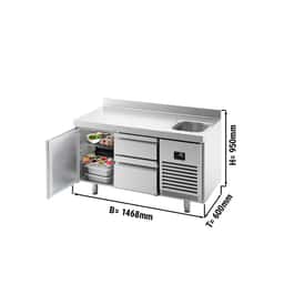 Refrigerated counter Premium PLUS- 1468x600mm - 1 sink, 1 door, 2 drawers & backsplash