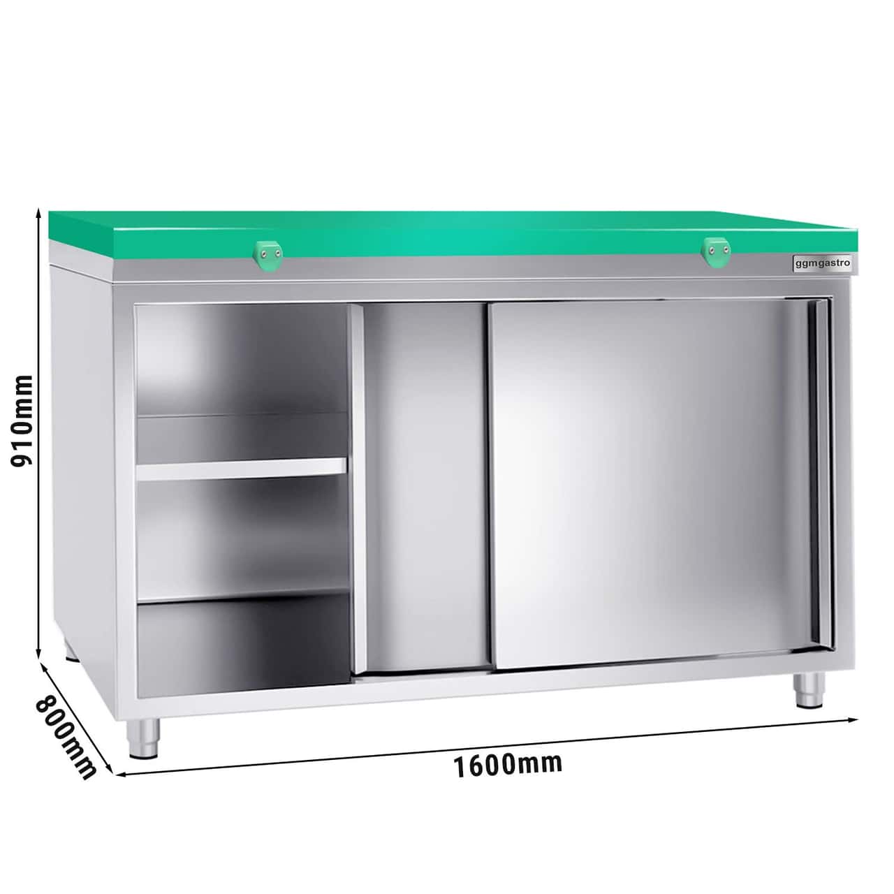 Stainless steel work cabinet PREMIUM - 1600x800mm - with sliding door without backsplash incl. cutting plate