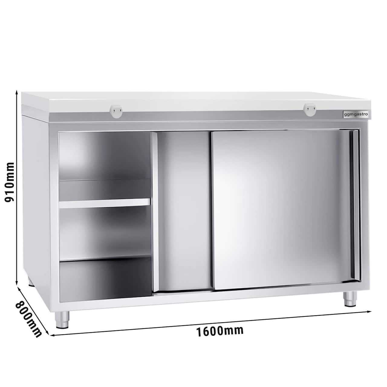 Edelstahl Arbeitsschrank PREMIUM - 1600x800mm - mit Schiebetür ohne Aufkantung inkl. Schneidplatte