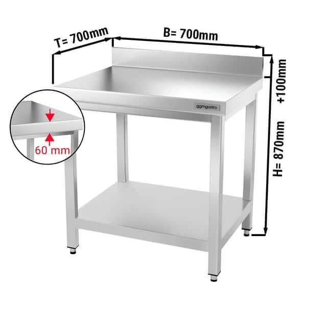 Edelstahl Arbeitstisch PREMIUM - 700x700mm - mit Grundboden & Aufkantung