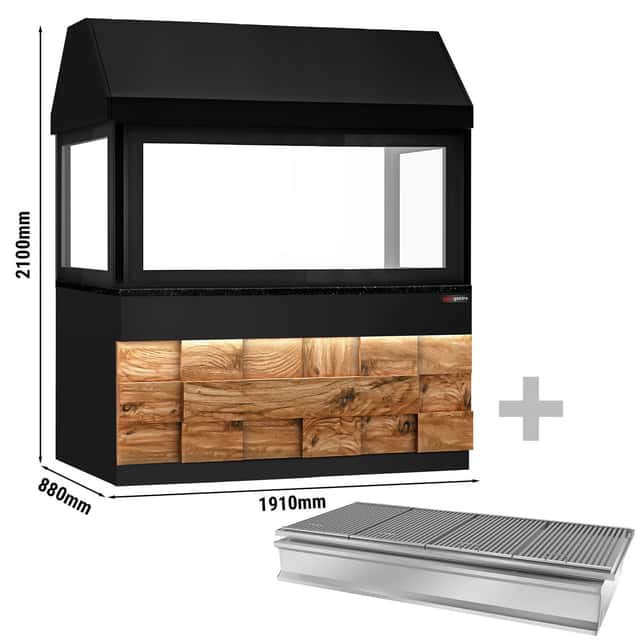 Holzkohlegrill TORONTO - 1900mm - Holzfront - schwarze Granit-Arbeitsplatte - Hitzeschutzglas