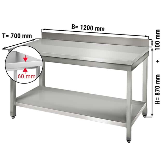 Edelstahl Arbeitstisch ECO - 1200x700mm - mit Grundboden & Aufkantung