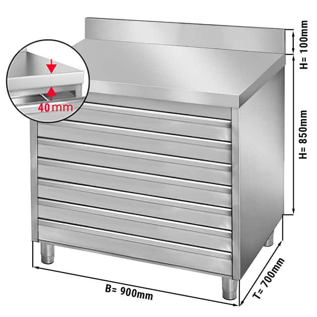 Schubladenschrank PREMIUM mit 7 Schubladen für Pizzateigbällchen & Aufkantung - 900x700mm
