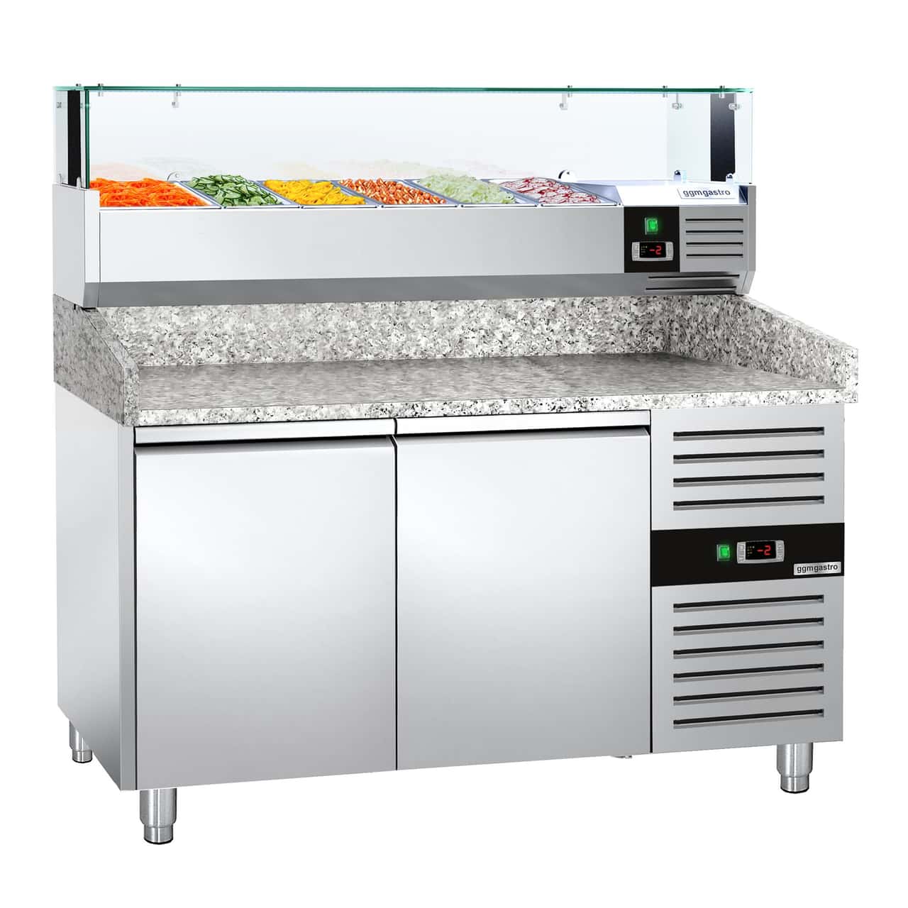 Pizzakühltisch PREMIUM - 1500x800mm - mit 2 Türen - inkl. Kühlaufsatzvitrine LED - 5x GN 1/3 + 1x GN 1/2