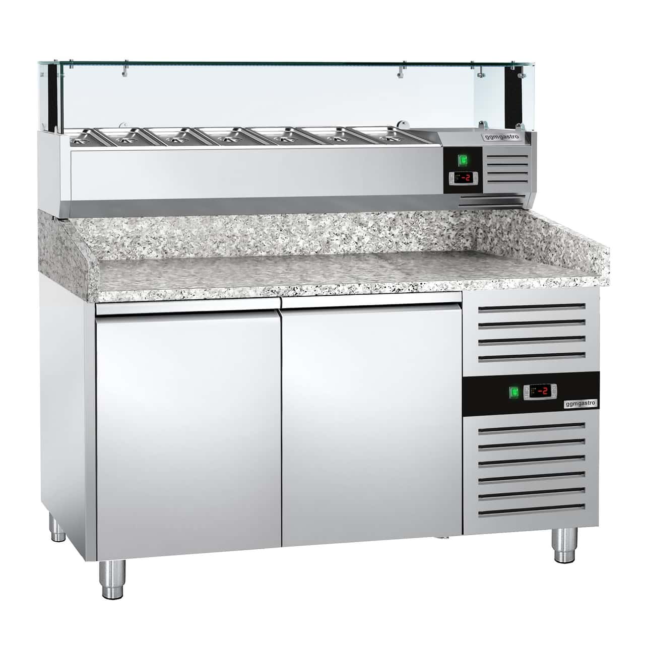 Pizzakühltisch PREMIUM - 1500x800mm - mit 2 Türen - inkl. Kühlaufsatzvitrine LED - 7x GN 1/4