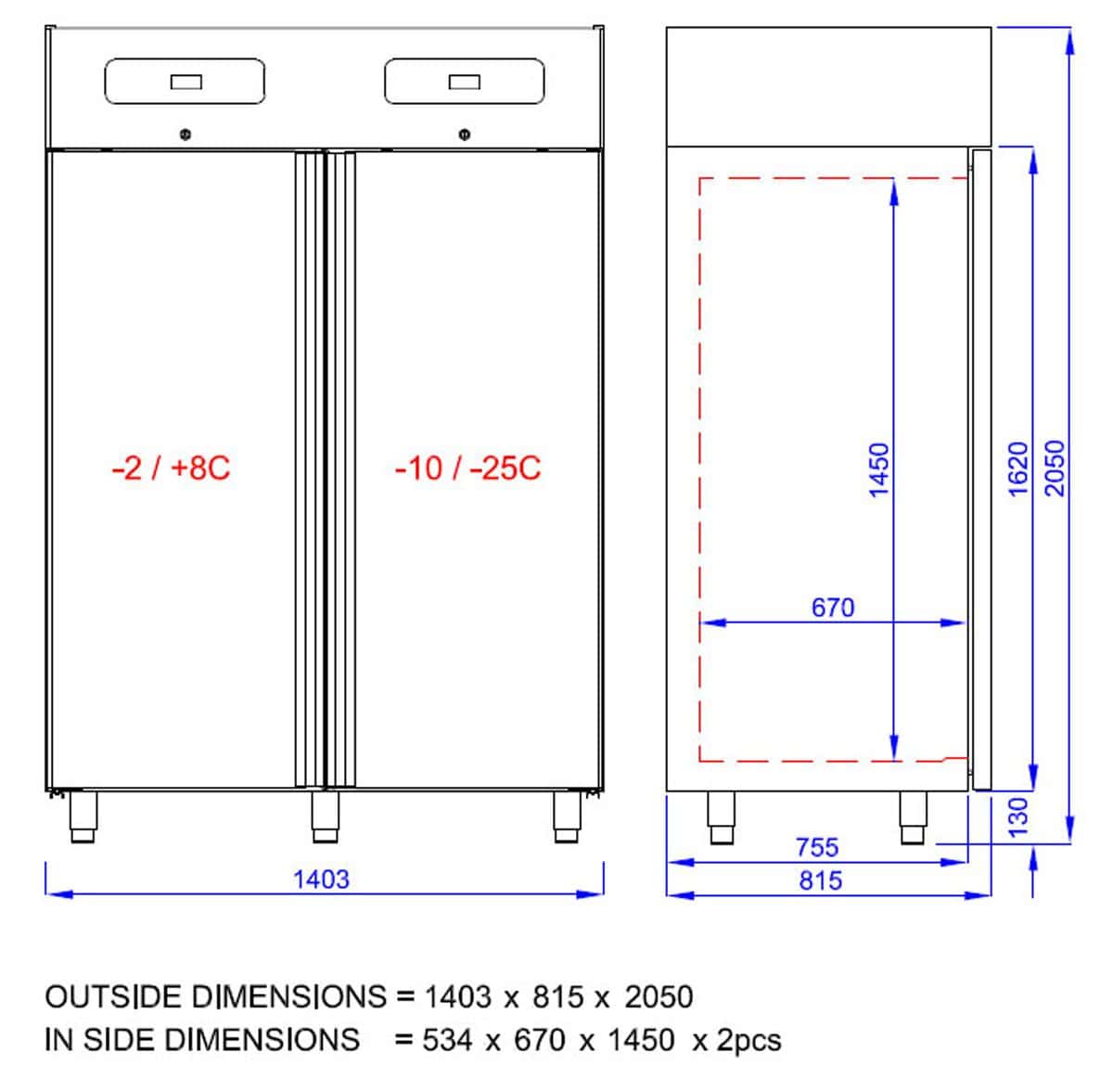 Kühl- & Tiefkühlkombination PREMIUM - GN 2/1 - 1400 Liter - mit 2 Glastüren