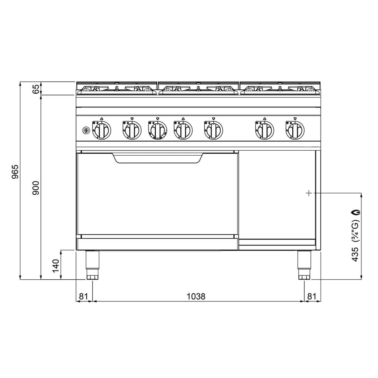 Gasherd - 53,5 kW - 6 Brenner - inkl. Gasofen - 7,8 kW