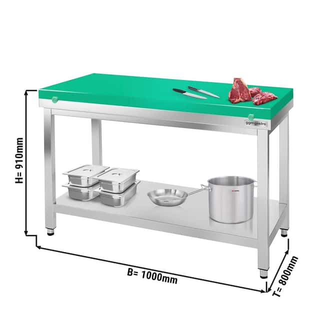 Edelstahl Arbeitstisch PREMIUM - 1000x800mm - mit Grundboden ohne Aufkantung inkl. Schneideplatte