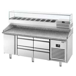 Pizza preparation table Premium PLUS - 1980x700mm - with 1 door & 4 drawers - incl. refrigerated display case - 9x GN 1/4