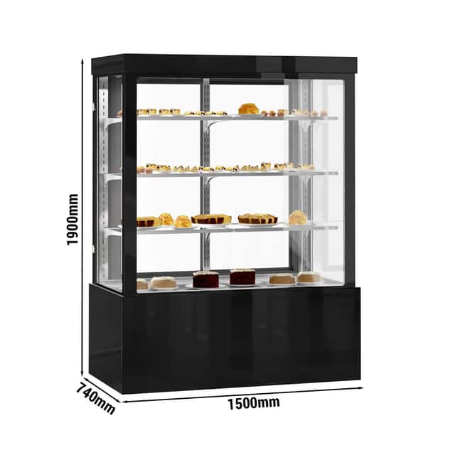 Kuchenvitrine - 1500mm - mit LED-Beleuchtung, 3 Ablagen & Spiegelfront - Schwarz