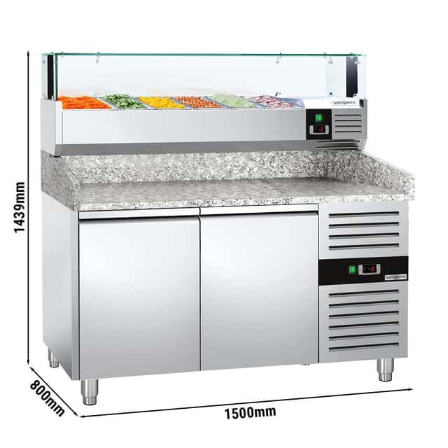 Pizzakühltisch PREMIUM - 1500x800mm - mit 2 Türen - inkl. Kühlaufsatzvitrine LED - 5x GN 1/3 + 1x GN 1/2