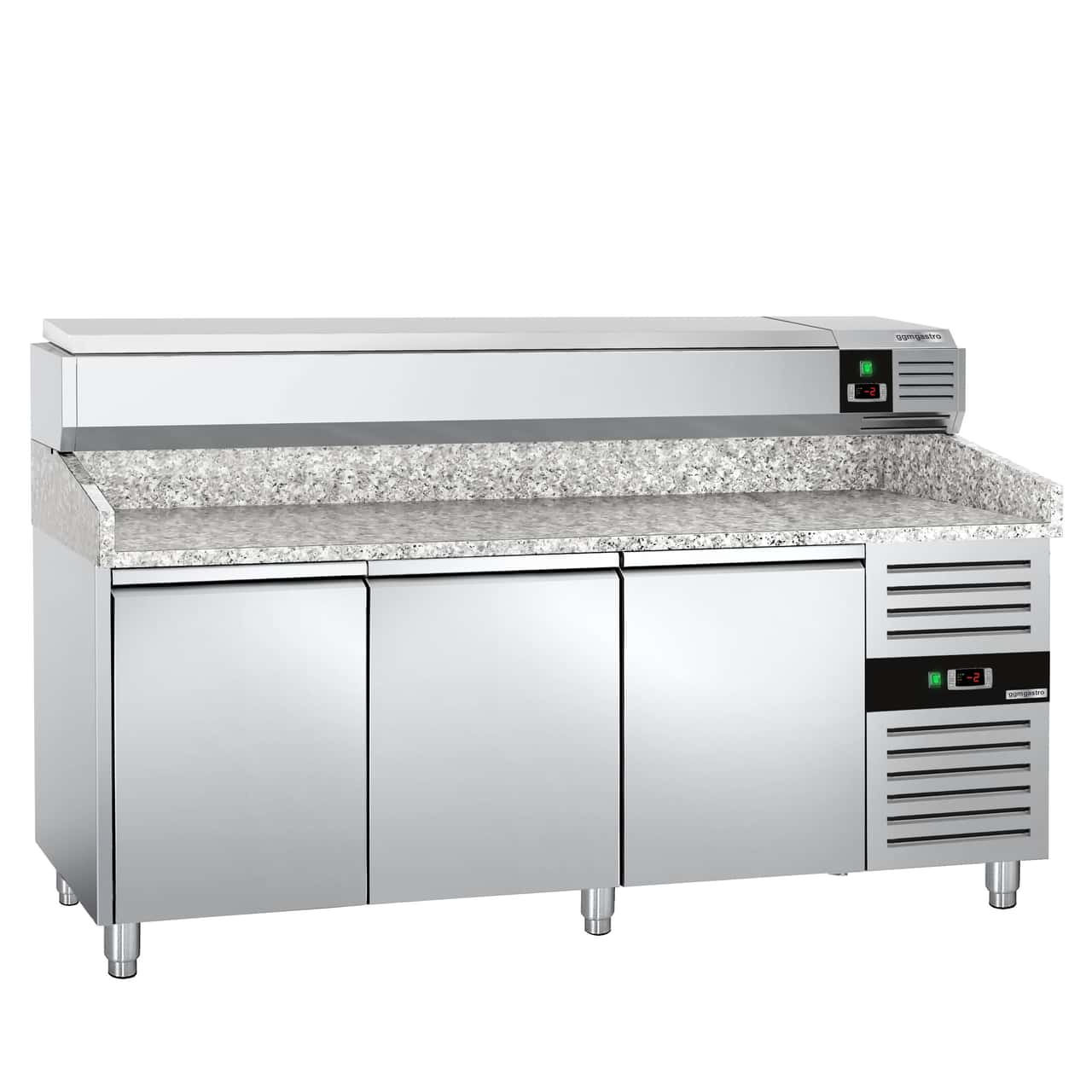 Pizzakühltisch PREMIUM - 2000x800mm - mit 3 Türen - inkl. Kühlaufsatzvitrine - 10x GN 1/4