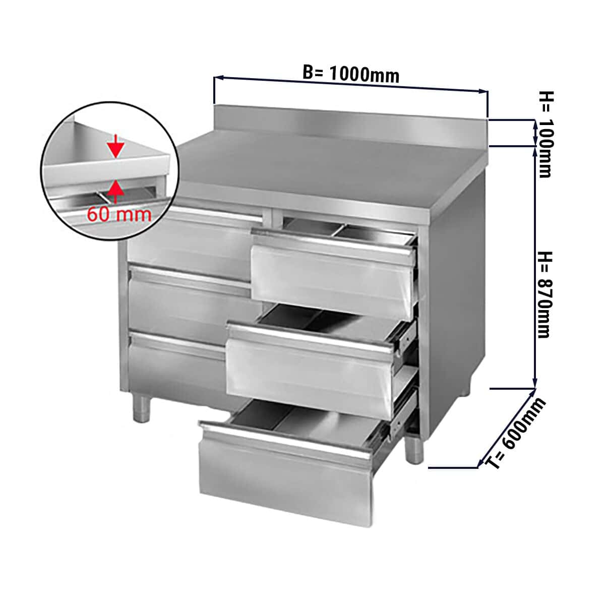 Schubladenschrank PREMIUM mit 6 Schubladen & Aufkantung - 1000x600mm