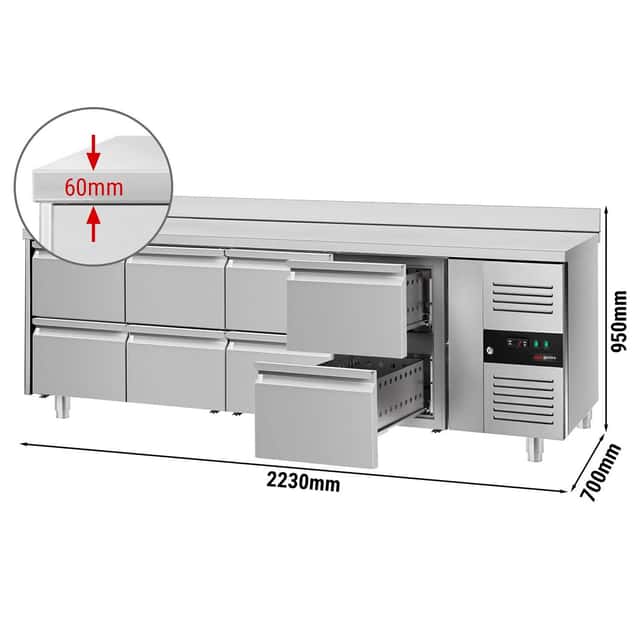 Kühltisch ECO - 2230x700mm - mit 8 Schubladen & mit Aufkantung