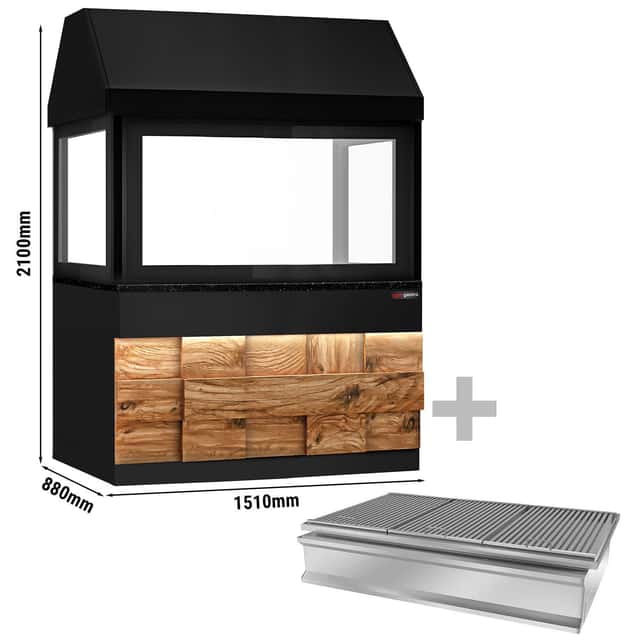 Holzkohlegrill TORONTO - 1500mm - Holzfront - schwarze Granit-Arbeitsplatte - Hitzeschutzglas