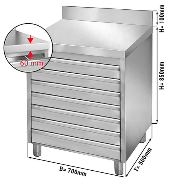 Schubladenschrank PREMIUM mit 7 Schubladen für Pizzateigbällchen & Aufkantung - 700x500mm