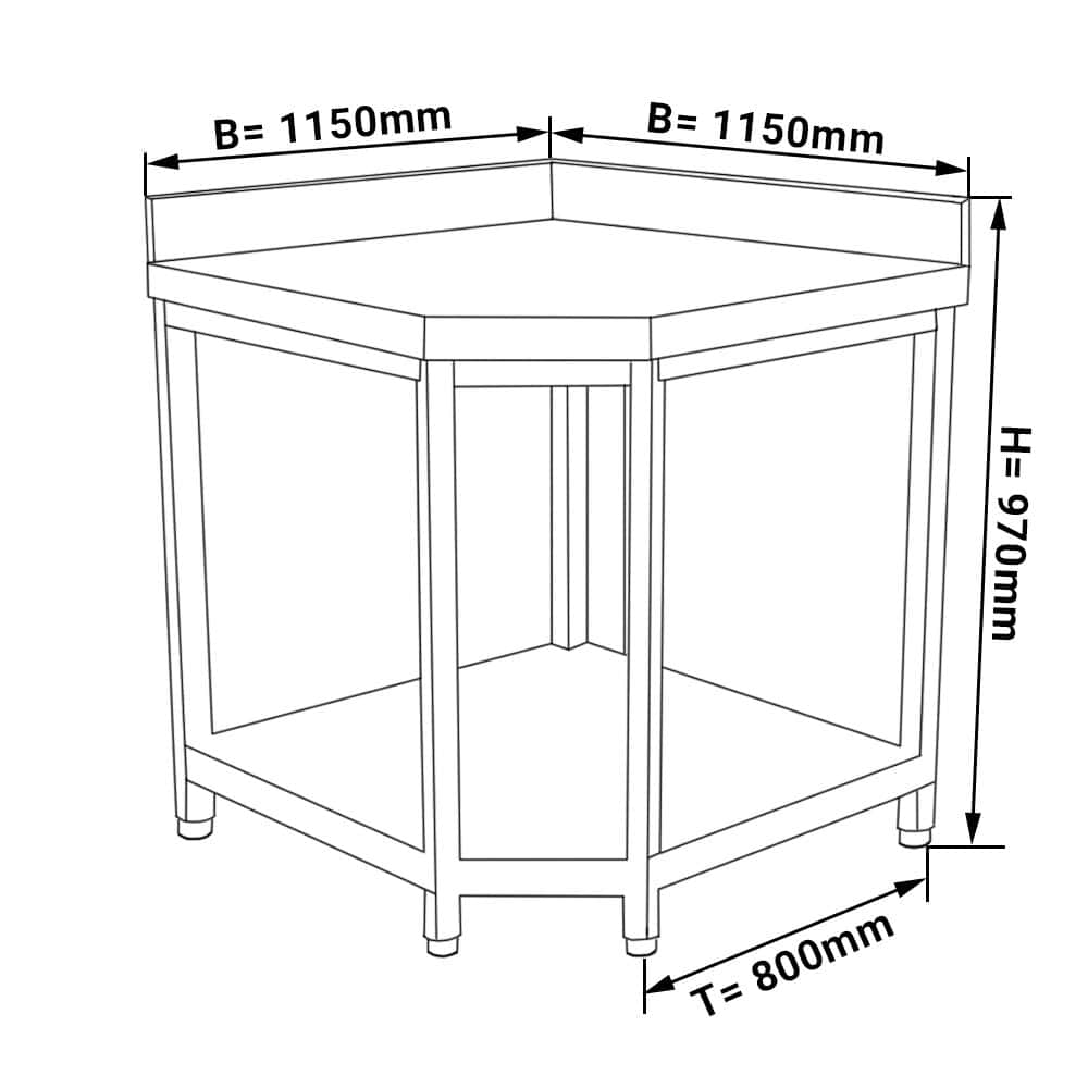 Nerezový rohový pracovní stůl - 1,15 x 0,8 m - se spodní policí & obkladovým panelem