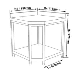 Nerezový rohový pracovní stůl - 1,15 x 0,8 m - se spodní policí & obkladovým panelem