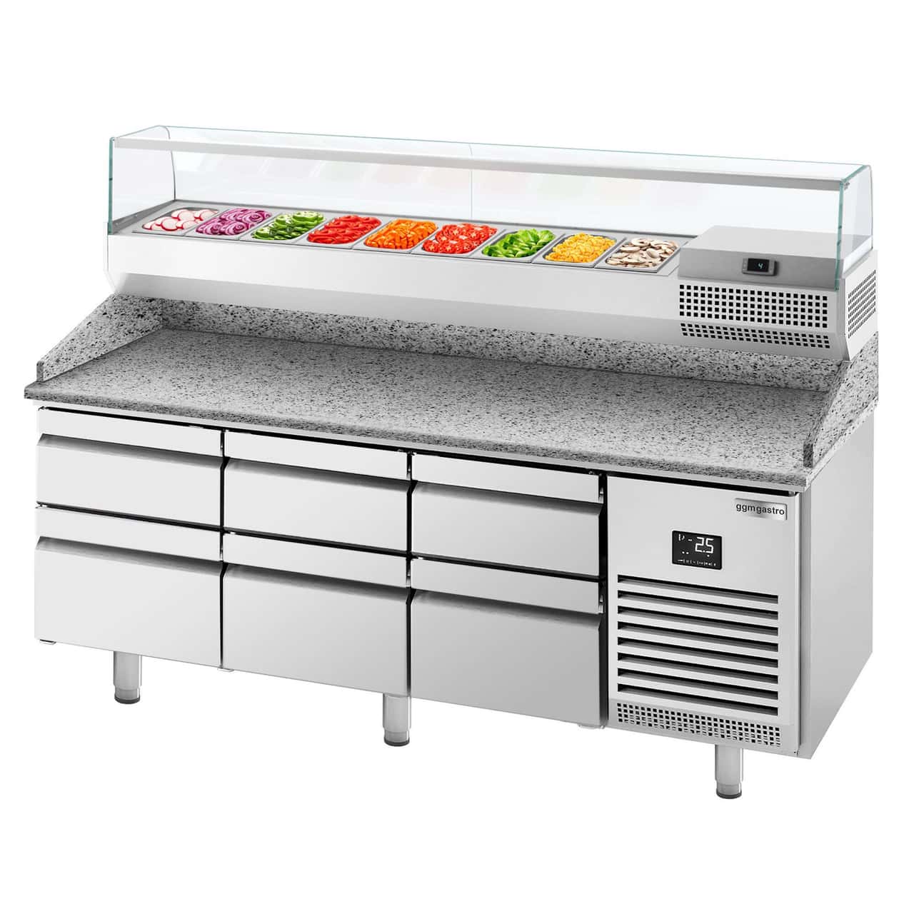 Pizza preparation table Premium PLUS- 1980x700mm - with 6 drawers - incl. refrigerated display case - 9x GN 1/4