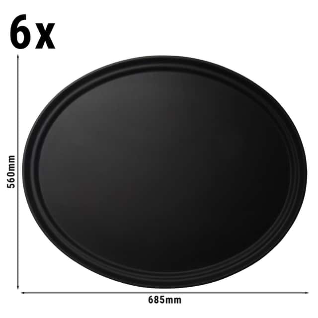 (6 Stück) CAMBRO | CAMTREAD® - Fiberglas Tablett - oval - 685x560mm - niedriges Profil - Schwarz