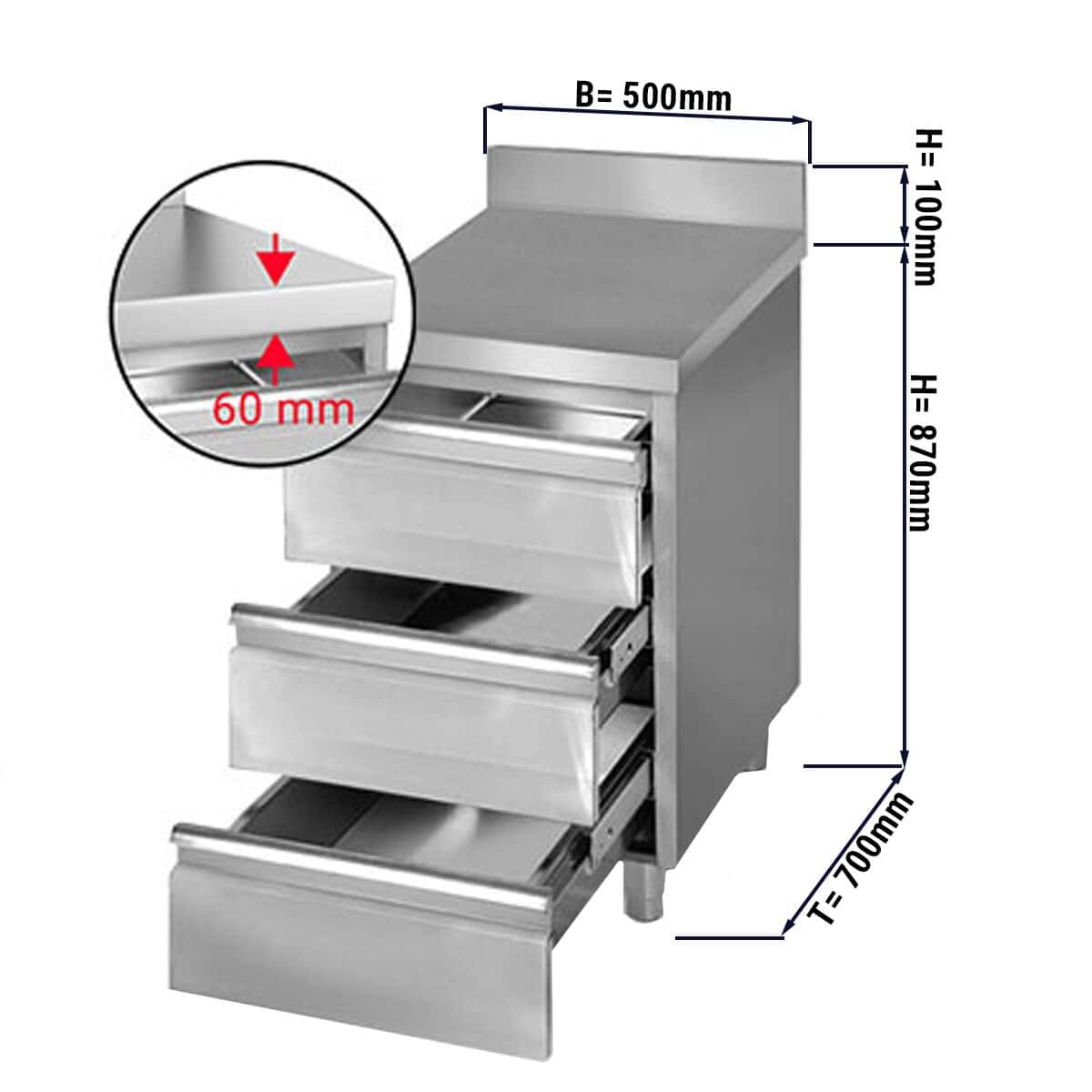 Schubladenschrank PREMIUM mit 3 Schubladen & Aufkantung - 500x700mm