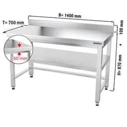 Edelstahl Arbeitstisch PREMIUM - 1400x700mm - mit Grundboden, Aufkantung & Verstrebung