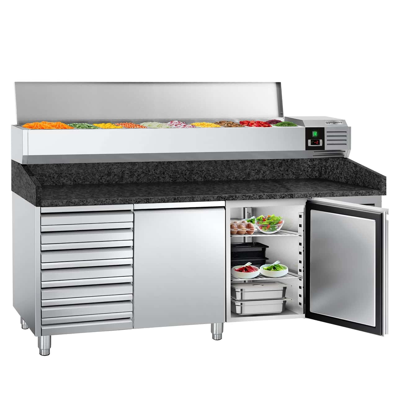 Pizzakühltisch PREMIUM - 2000x800mm - mit 2 Türen & 7 Schubladen - inkl. Kühlaufsatzvitrine - 9x GN 1/3