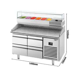 Pizza preparation table Premium PLUS - 1490x700mm - with 4 drawers - incl. refrigerated display case - 6x GN 1/4