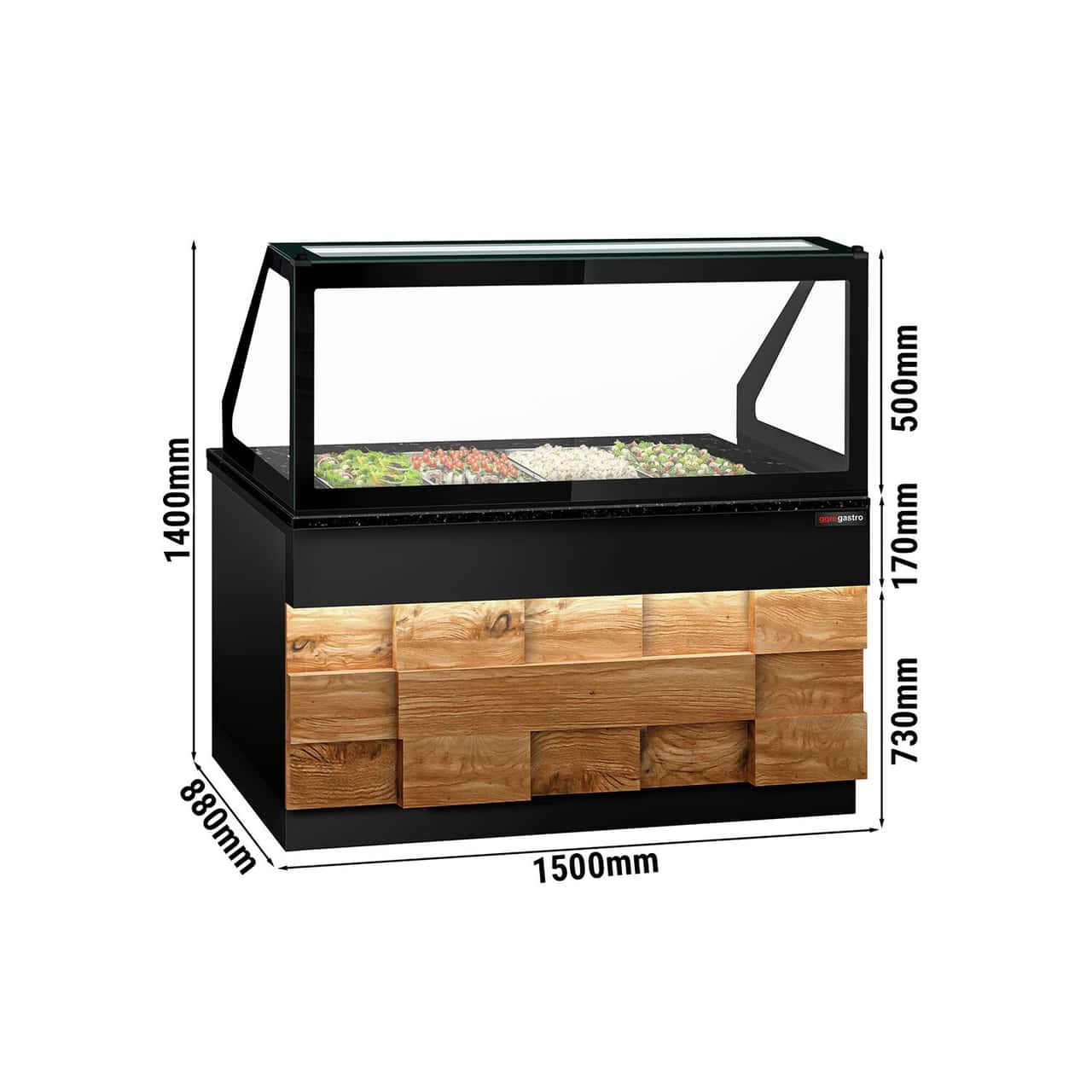 Saladette TORONTO - 1500mm - Holzfront - 2 Türen - für 4x GN 1/1 - schwarze Granit-Arbeitsplatte