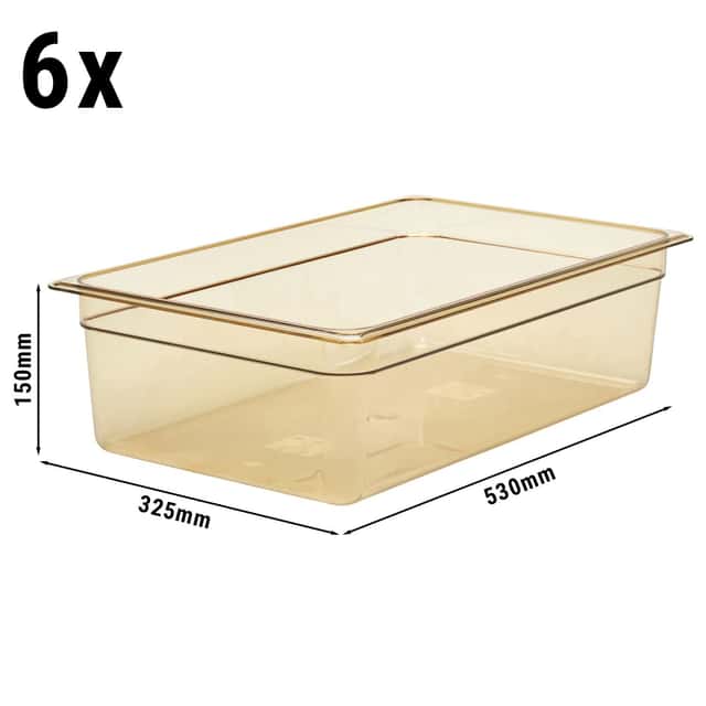 (6 Stück) CAMBRO | H-PAN™ -  Hitzebeständige GN-Behälter 1/1 - Bernstein - Tiefe 150 mm