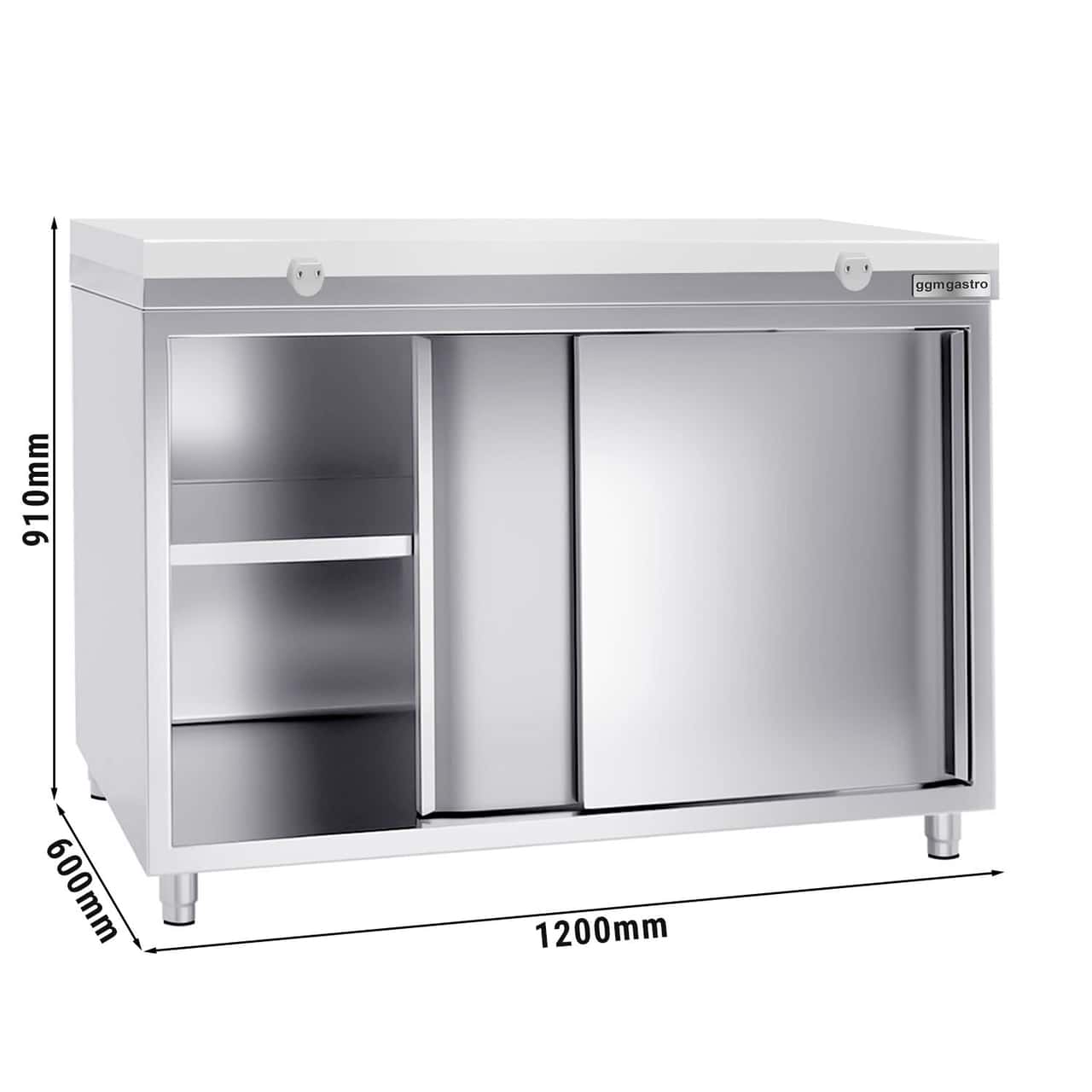 Stainless steel work cabinet PREMIUM - 1200x600mm - with sliding door without backsplash incl. cutting plate