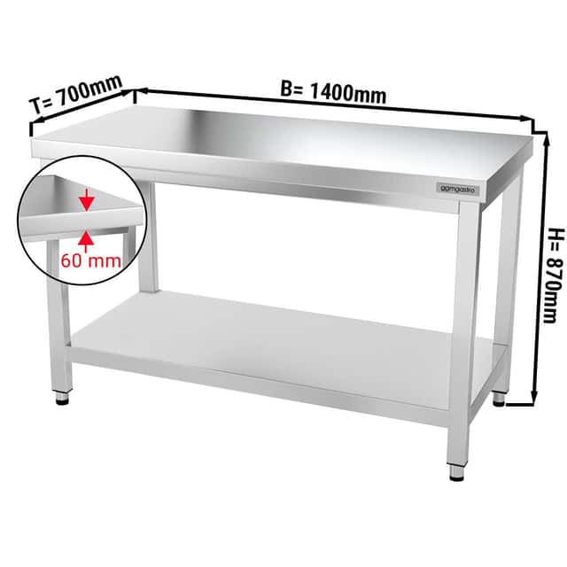 Edelstahl Arbeitstisch PREMIUM - 1400x700mm - mit Grundboden ohne Aufkantung