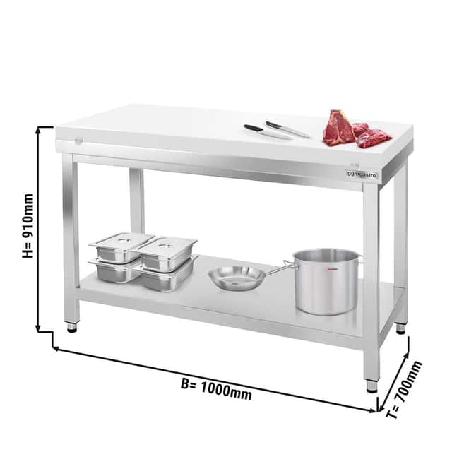 Edelstahl Arbeitstisch PREMIUM - 1000x700mm - mit Grundboden ohne Aufkantung inkl. Schneideplatte