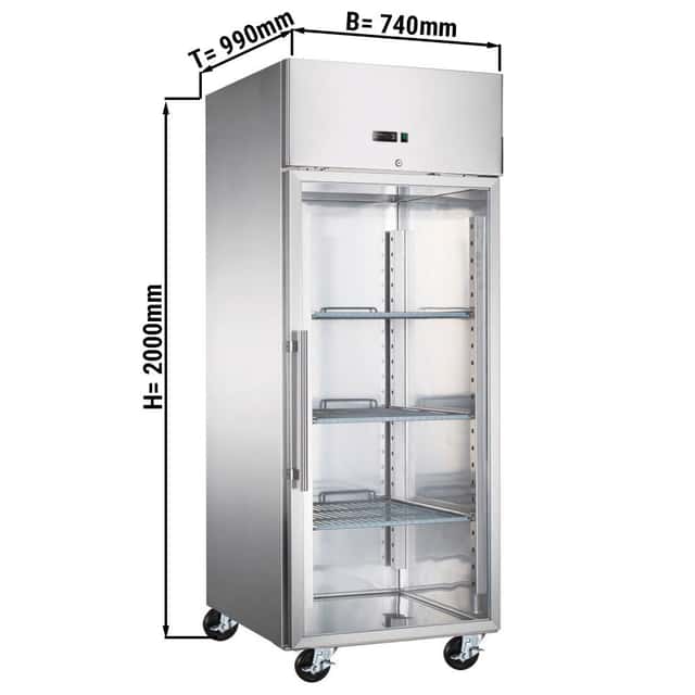 Bäckerei-Tiefkühlschrank Edelstahl ECO - EN 60x80 - 600 Liter - mit 1 Glastür, Schienen & Tragroste