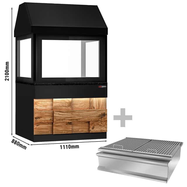 Holzkohlegrill TORONTO - 1100mm - Holzfront - schwarze Granit-Arbeitsplatte - Hitzeschutzglas