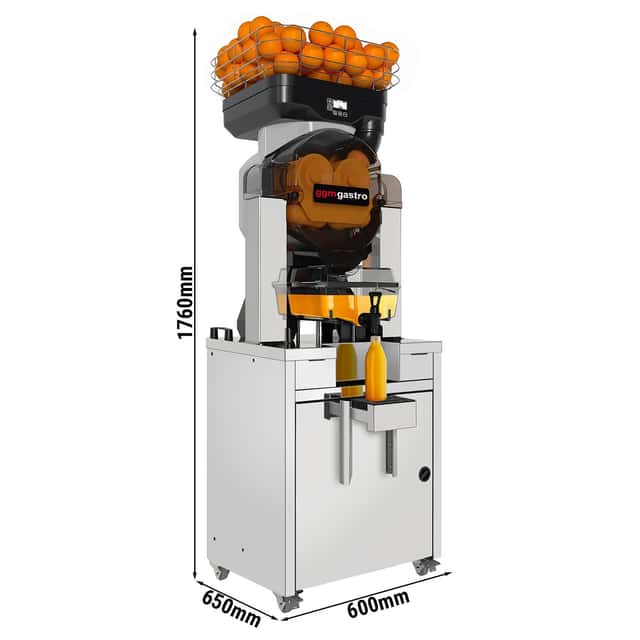 Elektrische Orangenpresse - mit automatischer Fruchtzufuhr, Saftspeicher & Untergestell - Silber