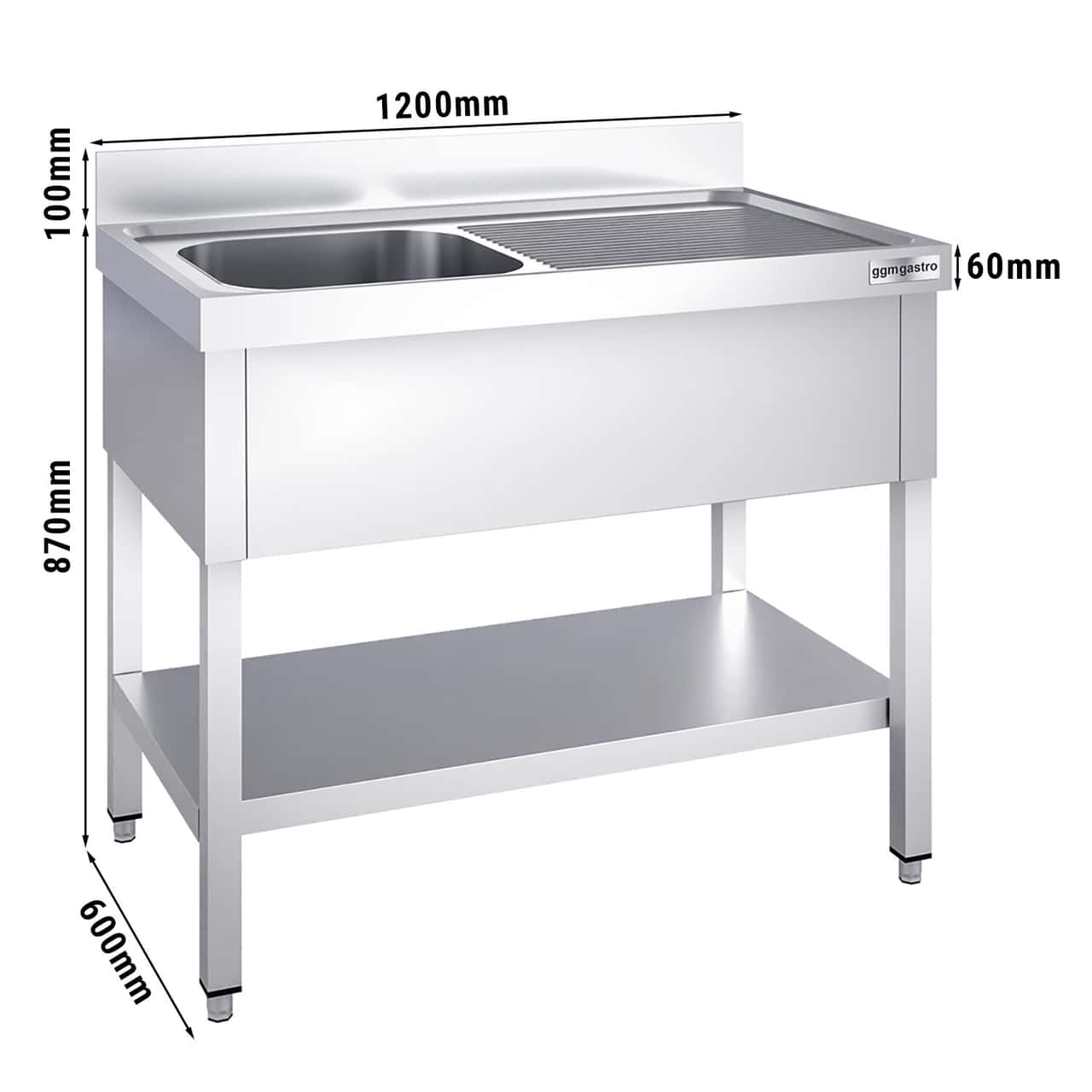 Spültisch PREMIUM - 1200x600mm - mit Grundboden & 1 Becken links