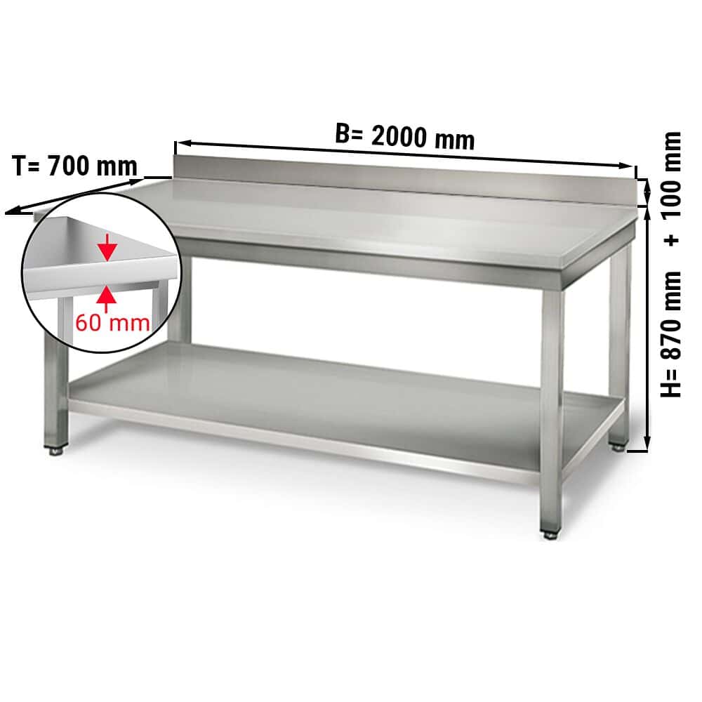 Edelstahl Arbeitstisch ECO - 2000x700mm - mit Grundboden & Aufkantung