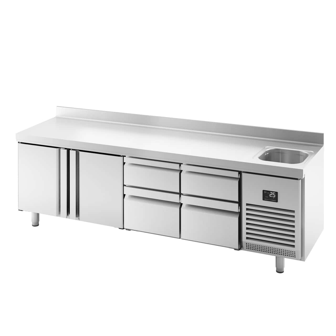 Refrigerated counter Premium PLUS - 2452x700mm - 1 sink, 2 doors, 4 drawers & backsplash