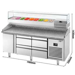 Pizza preparation table Premium PLUS - 1980x700mm - with 1 door & 4 drawers - incl. refrigerated display case - 9x GN 1/4