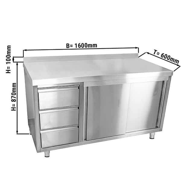 Edelstahl Arbeitsschrank ECO - 1600x600mm - mit 3 Schubladen links & Aufkantung