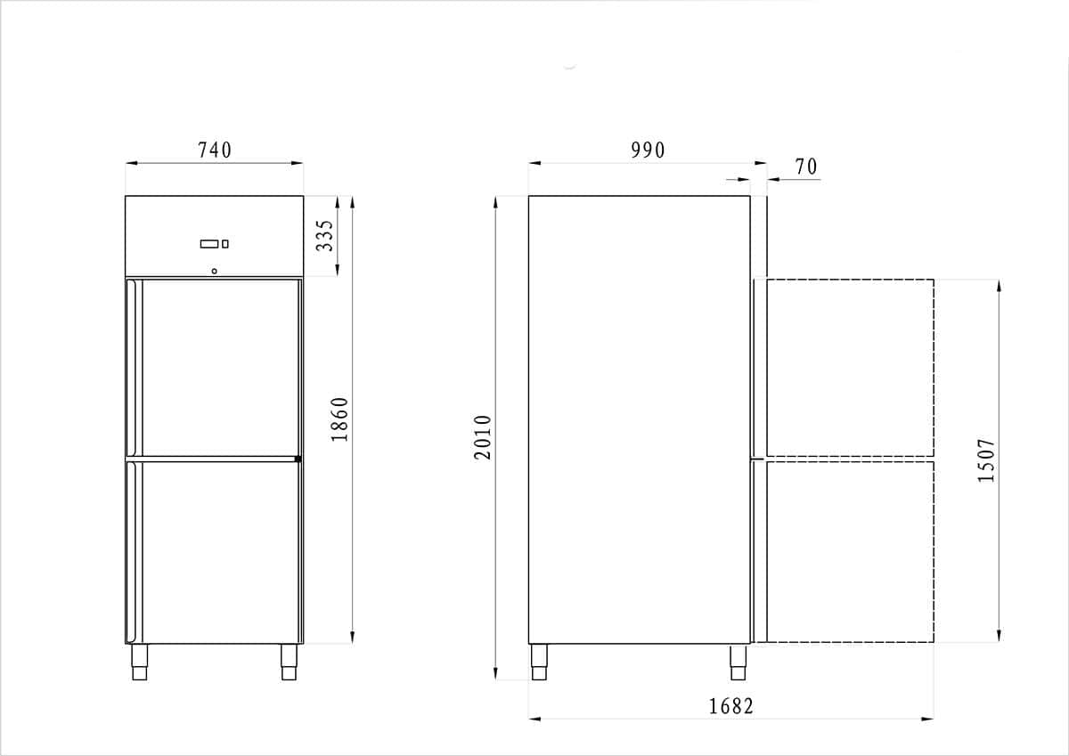 Bäckerei-Tiefkühlschrank Edelstahl PREMIUM - EN 60x80 - 600 Liter - 1 Tür, Schienen & Tragroste