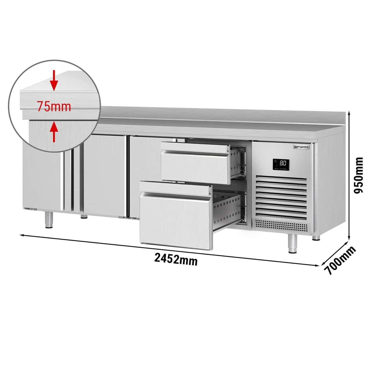 Kühltisch Premium PLUS - 2452x700mm - mit 3 Türen & 2 Schubladen & mit Aufkantung