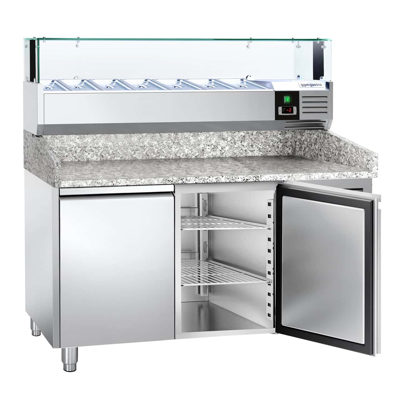 Pizzakühltisch PREMIUM - 1500x800mm - mit 2 Türen - inkl. Kühlaufsatzvitrine LED - 7x GN 1/4