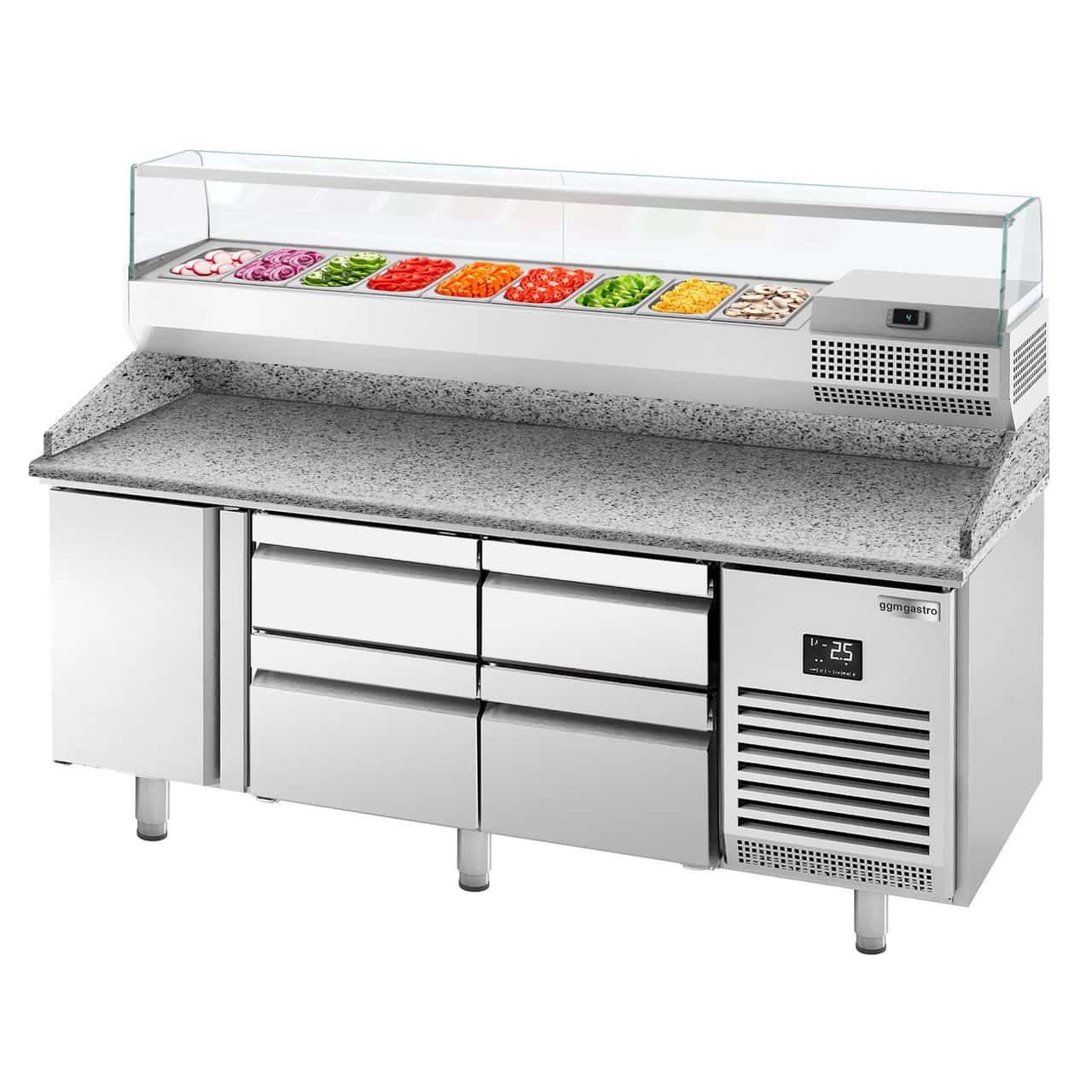 Pizza preparation table Premium PLUS - 1980x700mm - with 1 door & 4 drawers - incl. refrigerated display case - 9x GN 1/4