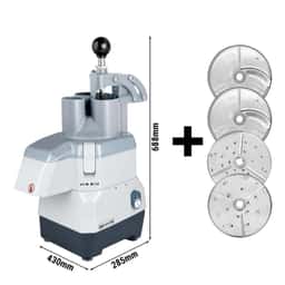 Elektrischer Kompakt-Gemüseschneider - 735 Watt - inkl. 4 Schneide- /Reibescheiben - Deckel zum Klappen