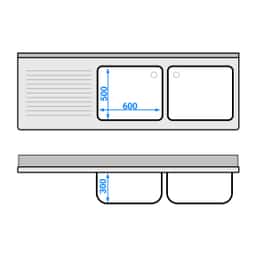 Spülmaschinen-Spülschrank - 2000x700mm - mit 2 Becken rechts