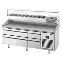 Pizza preparation table Premium PLUS- 1980x700mm - with 6 drawers - incl. refrigerated display case - 9x GN 1/4