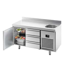 Refrigerated counter Premium PLUS- 1468x600mm -  with 1 sink, 1 door, 3 drawers & backsplash